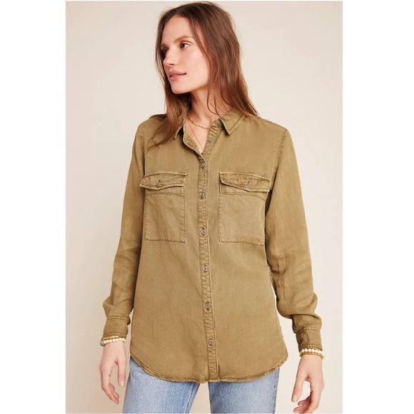 Anthro Pilcro Olive Cargo Pocket Buttondown Shirt Top - Picture 7 of 13